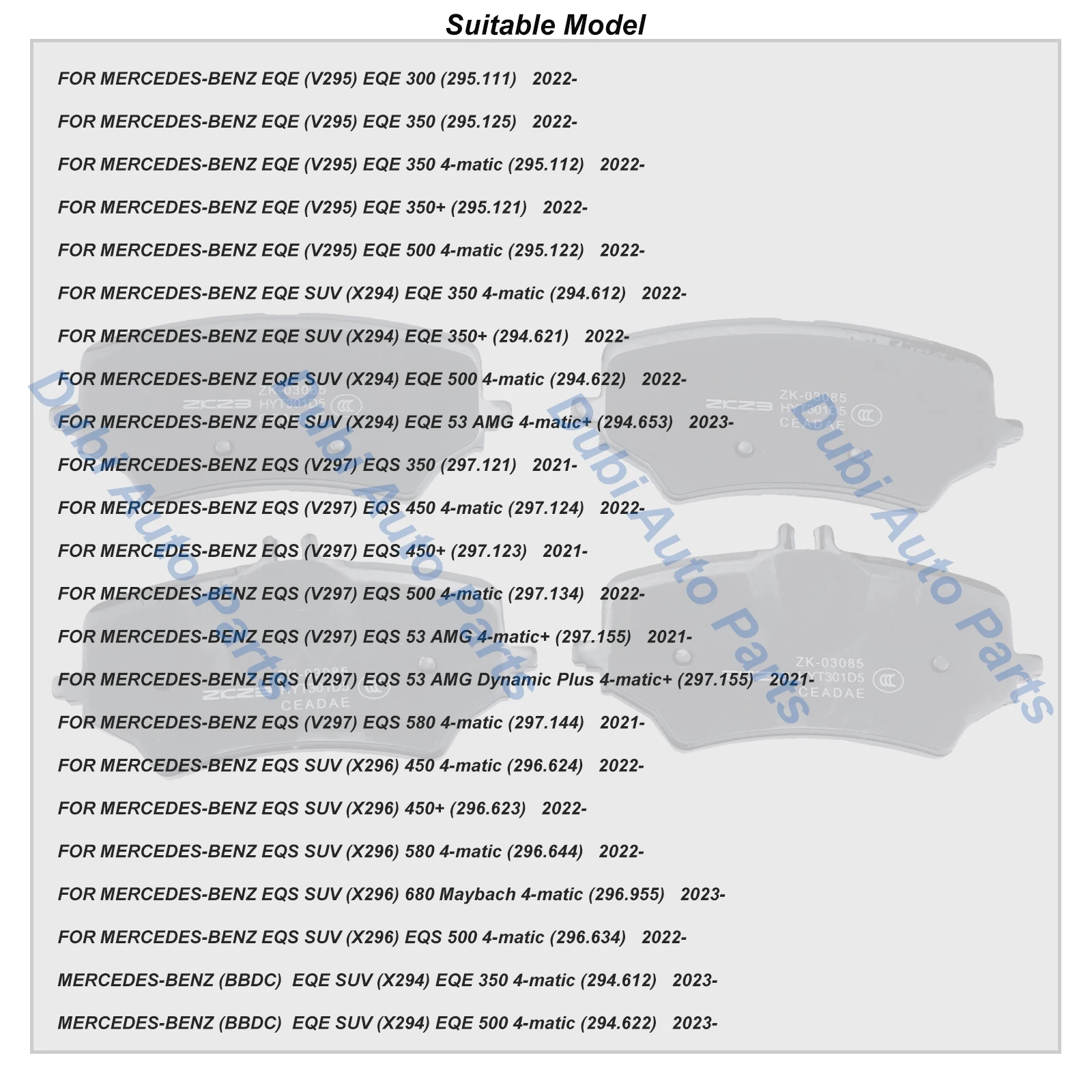 MERCEDES-BENZ EQE SUV 300 500 4MATIC X294 EQE350 V295 2022- EQS 350 450 53 580 V297 X296 A 용 후방 브레이크 패드 0004206403