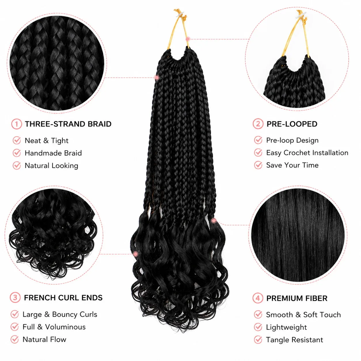 Boho French Curl Crochet Hair Extensions - Three Strand Goddess Braids with Curly Ends