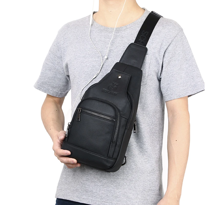 Leather Chest Bag Men's Triangle Shoulder Bag Messenger Backpack-Black:  : Fashion