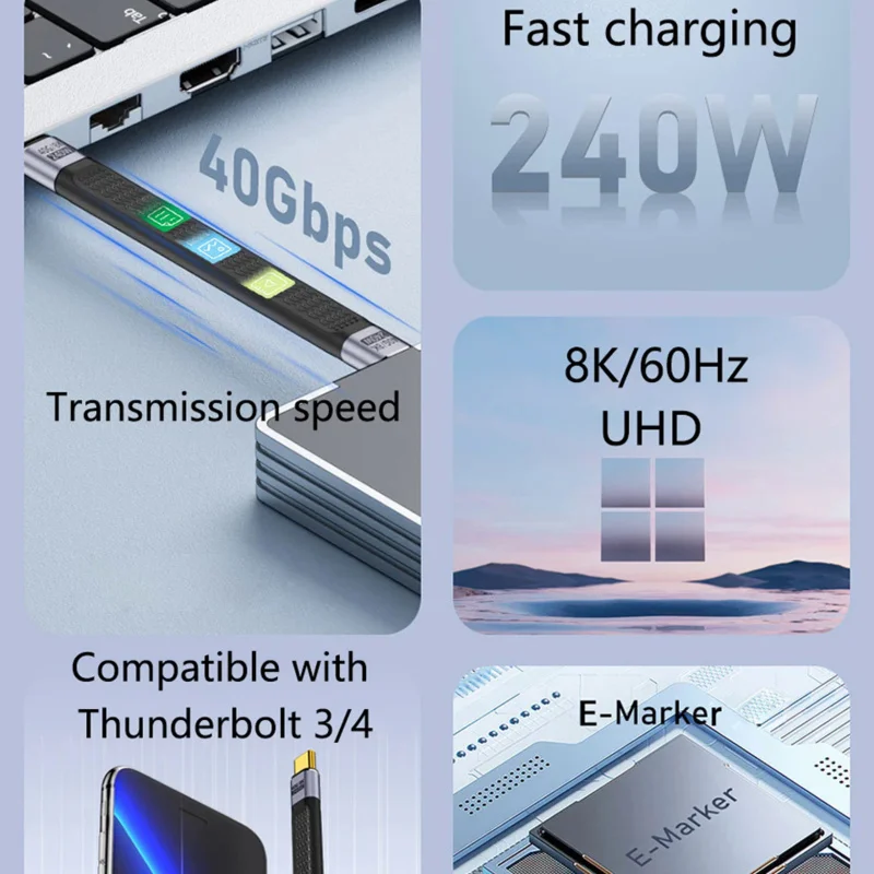USB4  ̺ ȣȯ Ʈ 3/4, 40Gbps USB C CŸ ª ̺,  15  ƽ SSD ͸, 240W, 8K 60Hz