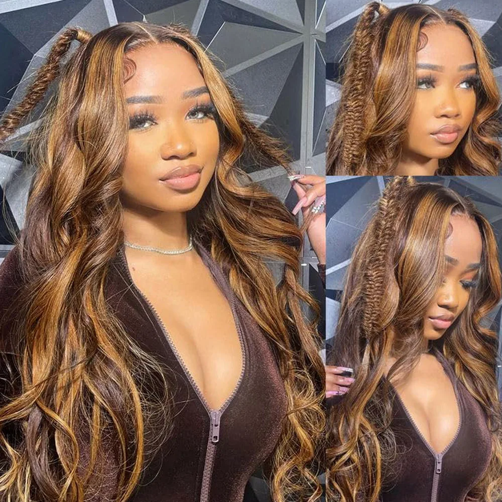 13x4 Highlight Ombre Lace Front Wig Human Hair Pre Plucked Body Wave Frontal Wigs 250% Density 4/27 Honey Blonde Lace Front Wig