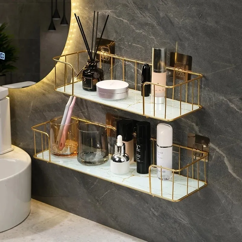 Luxury Bathroom Shelf without drilling Iron Wall Shelf with Marble style Glass Plate Makeup Storage Rack Bathroom Accessories 3