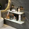 Luxury Bathroom Shelf without drilling Iron Wall Shelf with Marble style Glass Plate Makeup Storage Rack Bathroom Accessories 3
