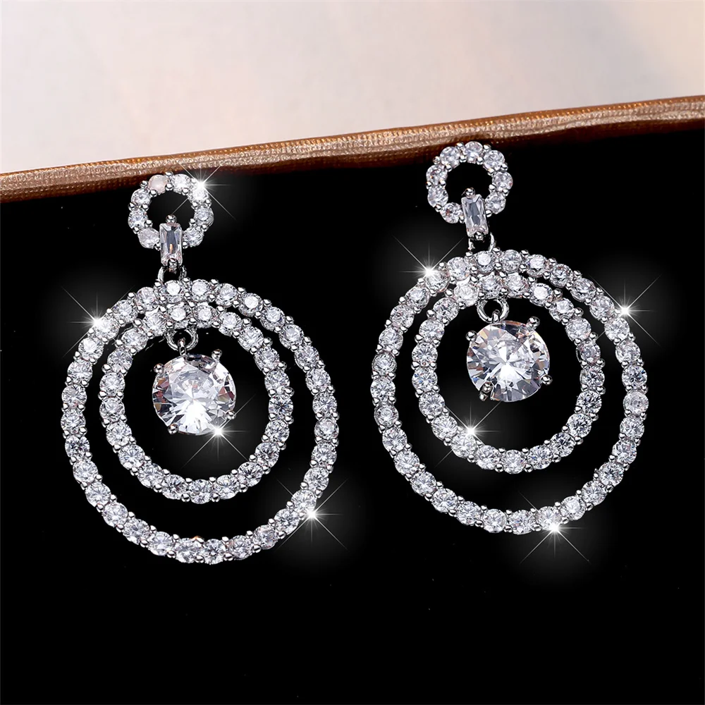 Double Layer Round Stone Pendant White Zircon Stud Earrings For Women Trendy Silver Color Wedding Earring Versatile Jewelry Gift