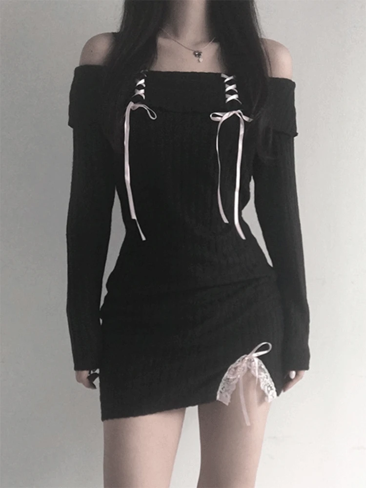 

Contrast Tie Up Bow Off Shoulder Slit Knit Mini Dress