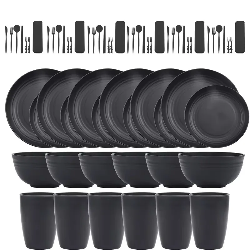 16/20/24 pc/set of black wheat straw PP tableware including household plates soup bowls cupsand plates reusable tableware