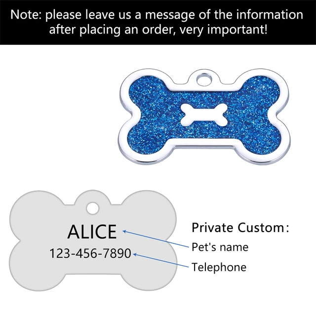 Bone Glitter Personalized Dog Tag Engraved+Ring Pet Puppy Cat ID