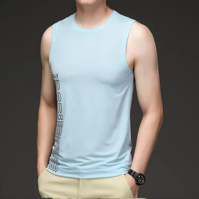 Sleeveless Vest Men Summer Tide Ice Silk Thin Round Neck Trend Fashion Outer Breathable Cool Men's Vest T-shirt