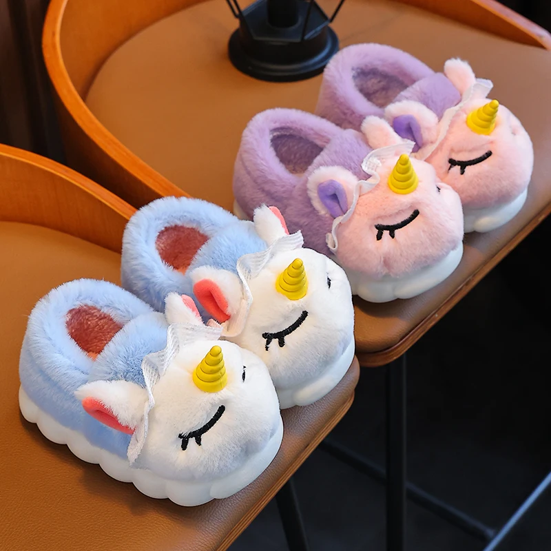Kids Slippers Plush Slippers Cotton Slippers Winter Wrap Heels Kids Plush Slippers Cartoon Unicorn Indoor Flip Flops