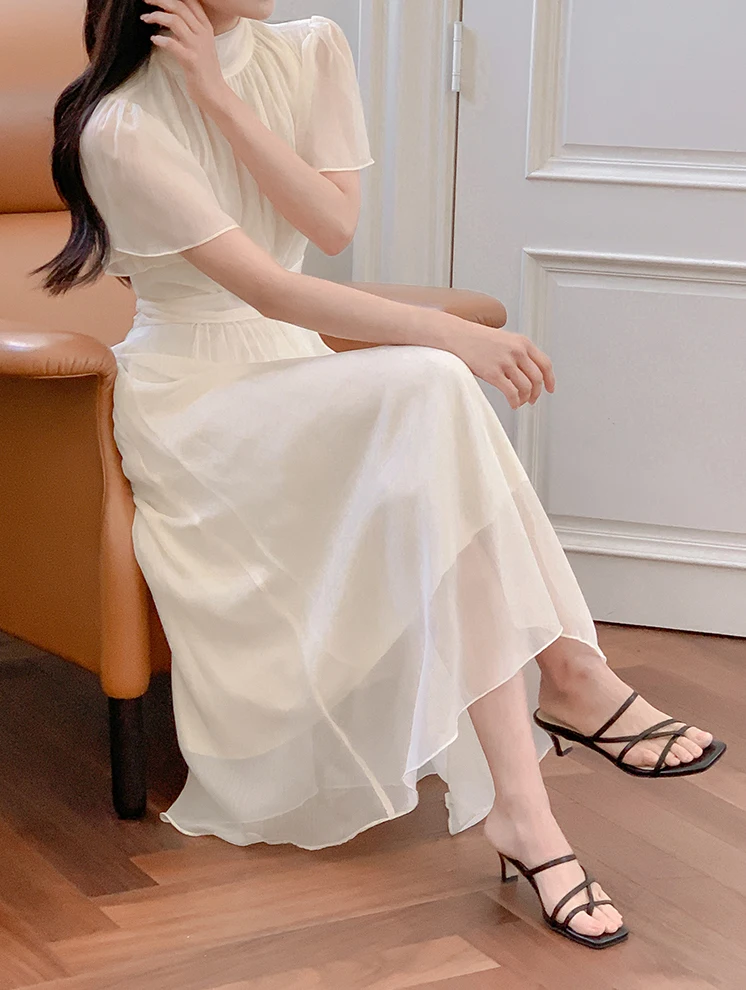 Elegant Solid Midi Dresses for Women Ruffles Half-high Collar A-line Office Lady Casual Korean Fashion Autumn Vestidos Mujer New