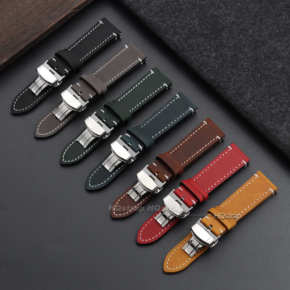 Vintage Leather Watch Strap with Butterfly Buckle - Premium Business Wristband Accessory