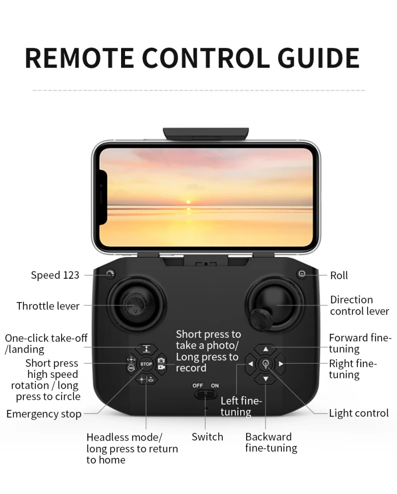 L705 Mini Drone, remote control guide speed 123 roll direction throttle lever control lever one-