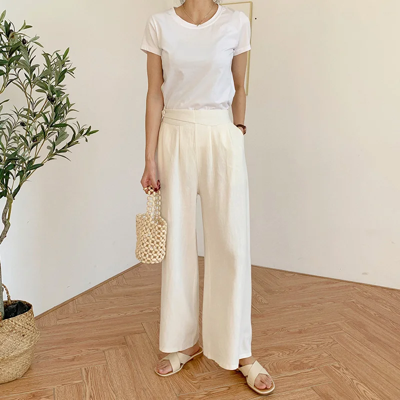 Korean Fashion Casual Wide Leg Pants Side Buttons Back Elastic Waist Simple and Comfortable Versatile Loose Women's Overalls capri jeans for women Pants & Capris