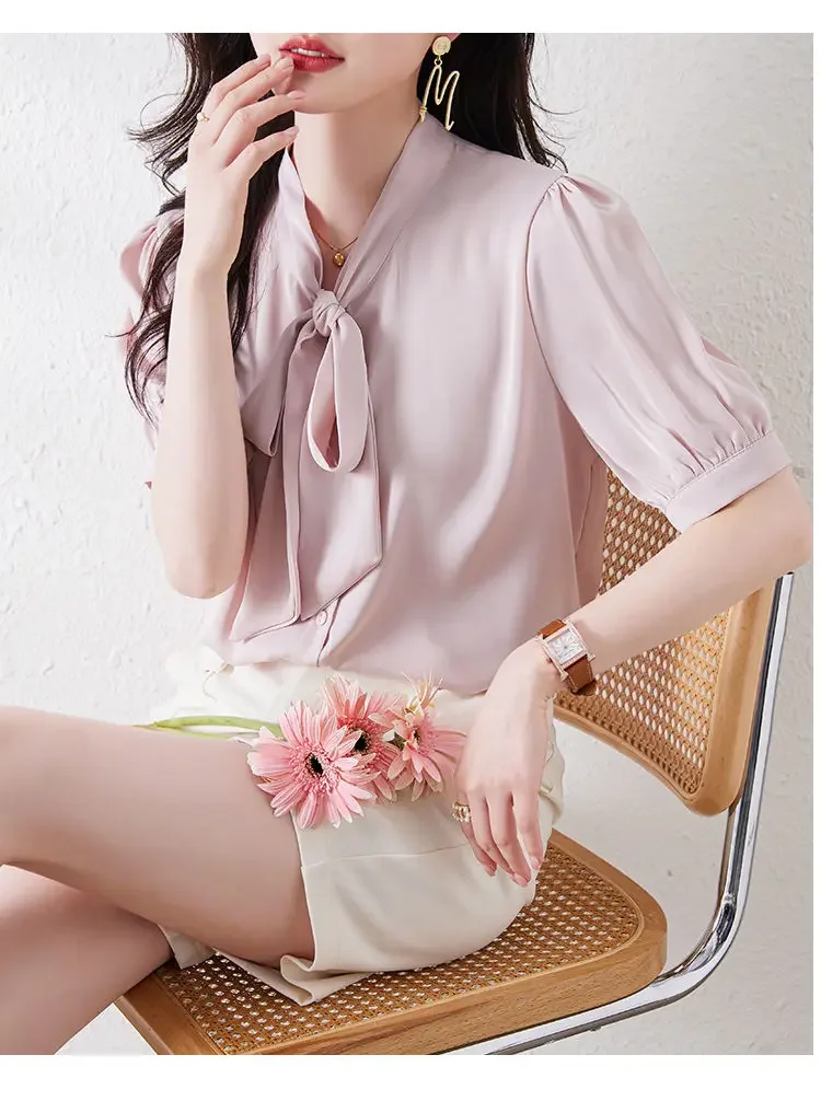 Sommer Design Sinn Schal Hals Bogen Casual Kurzarm Shirt Frauen Solide Temperament Licht und Reife Pendeln Vielseitig Top – Detail 15