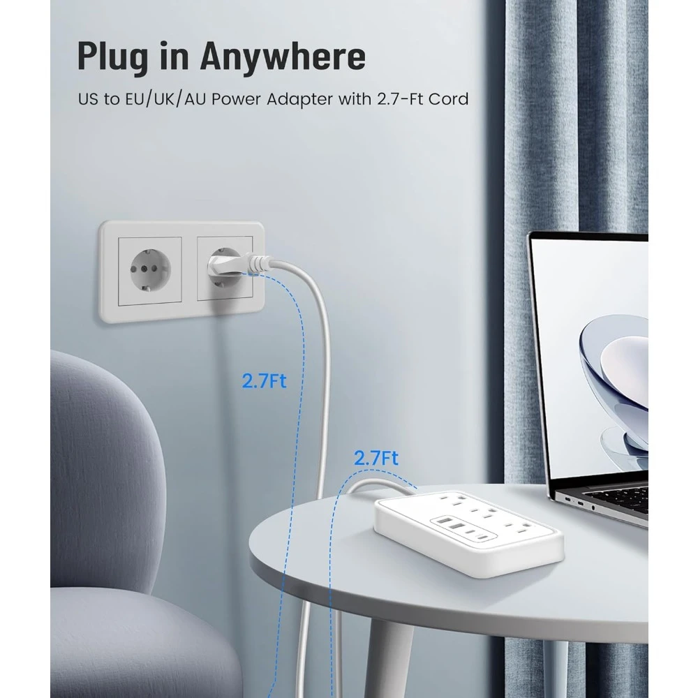 US to UK/EU Travel Adapter w/3 AC Outlets, 4 USB(2 PD 20W), Type G/C/A/I Plugs, 2.7ft Cord (UK/EU/US/AU/IT/ES/FR/IR)