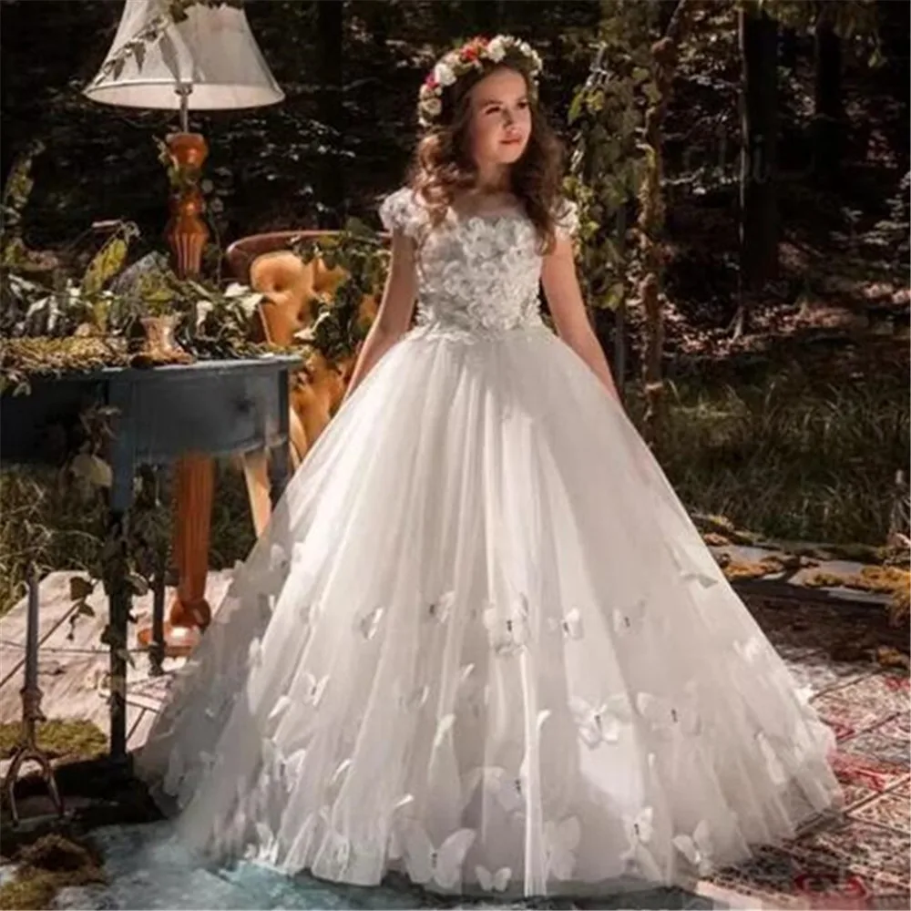 White Flower Girl Dresses For Wedding Tulle Butterfly 3D Applique Kids Birthday Party Pageant Dress First Communion Gown flower girl dresses