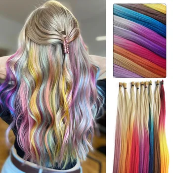 Rainbow Color Hair Extensions I-Tip Long Straight Hairpieces Synthetic Highlight Feather Micro Ring Hair Accessories Ombre Color 1
