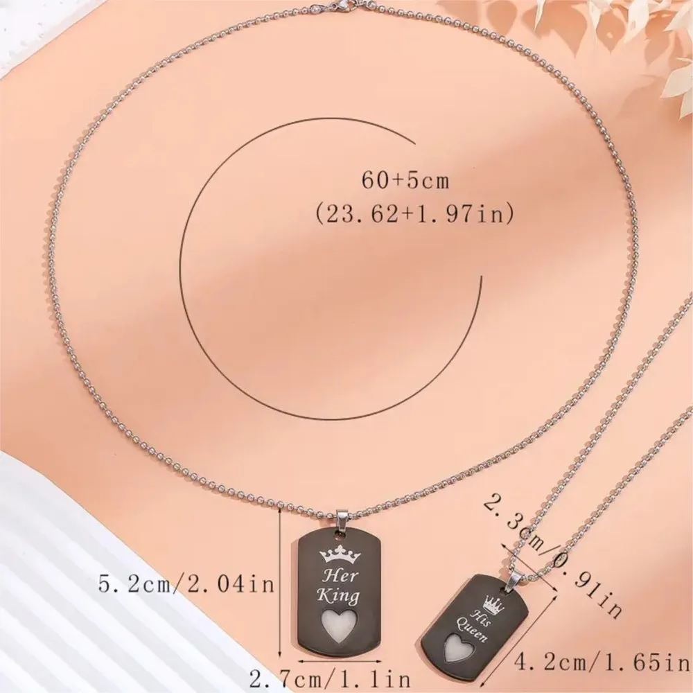 Stainless Steel Luminous Love Heart Her King & His Queen Crown Pendant Necklace for Women Couple Necklace Jewelry Gifts