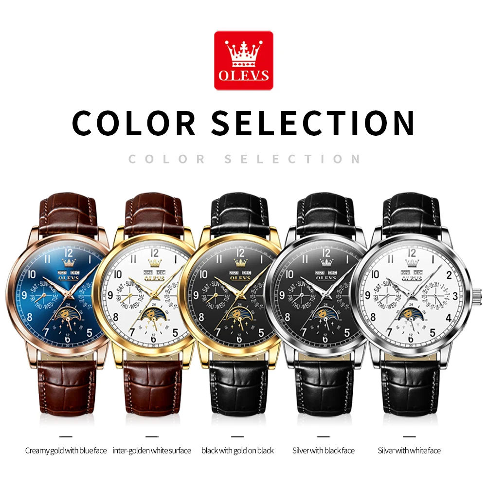 OLEVS Top brand Luxury Moon Phase Automatic Mechanical Watch for Men Date Week Leather Strap Waterproof Man's Watches Luminous 6