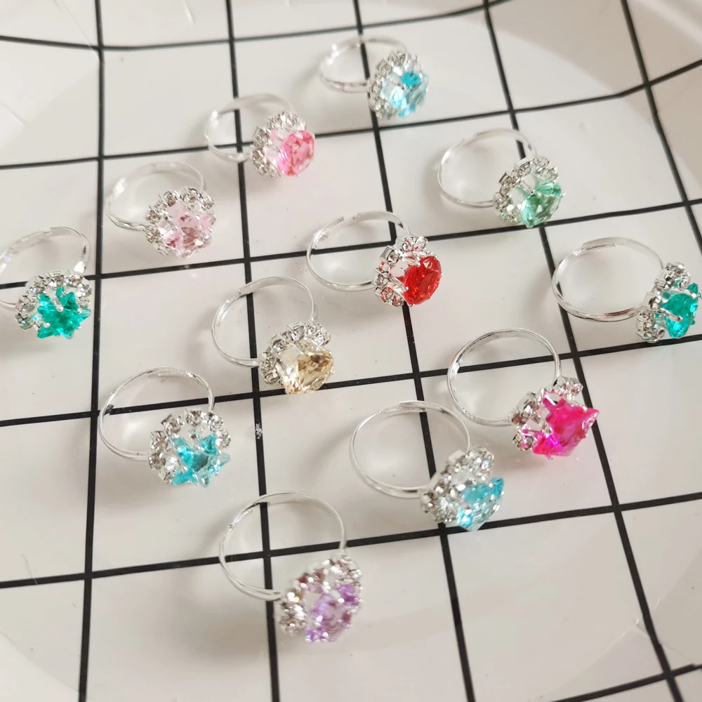 12/36PCS/set Adjustable Kids Crystal Rings Jewelry Heart Star Square Open Finger Ring For Children Girl Party Gift 4