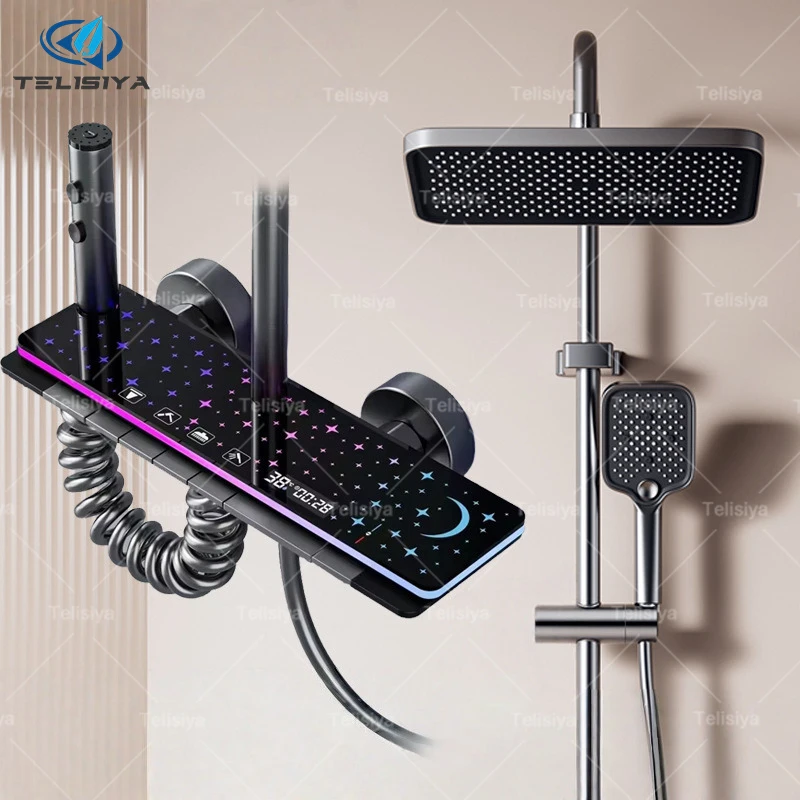 ชุดฝักบัวอาบน้ำพร้อมระบบควบคุมแบบปุ่มกดดีไซน์เปียโน ไฟตกแต่งบรรยากาศแบบดาวบนท้องฟ้า หน้าจอดิจิตอล ชุดฝักบัวเพิ่มแรงดันน้ำสำหรับห้องน้ำ 1
