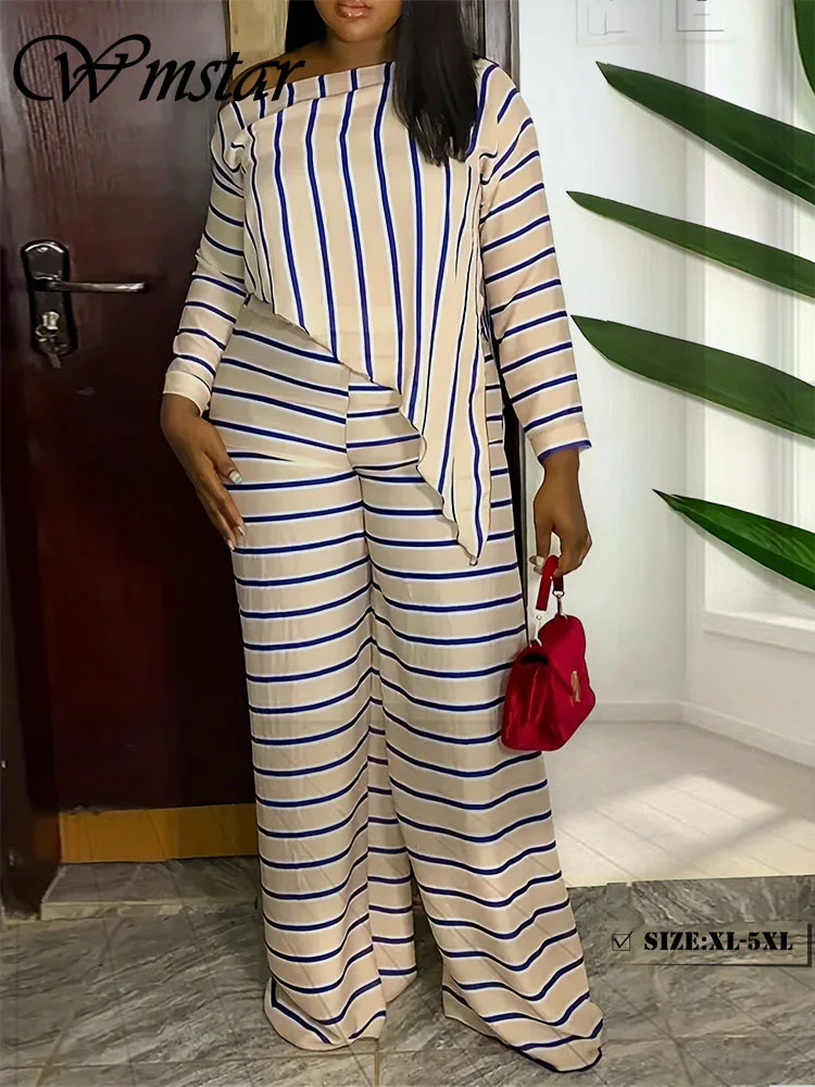 Wmstar 여성용 플러스 사이즈 투피스 세트, 루즈 패션 홈웨어, 스트라이프 프린트, 긴팔 크롭탑, 와이드 레그 팬츠, 운동복 