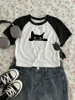 Y2k Kawaii Cat T Shirt Print Crop Top Sexy Cropped Short Sleeve Crew Neck T-shirt for Women Casual Spring Summer Clothing 1