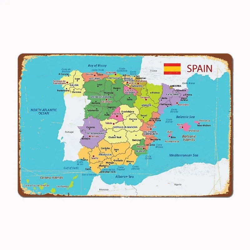 Spain Map with Regions and Main Cities  Metal Sign Mural Painting Cinema Living Room Cinema Funny Tin Poster Retro Home Tavern