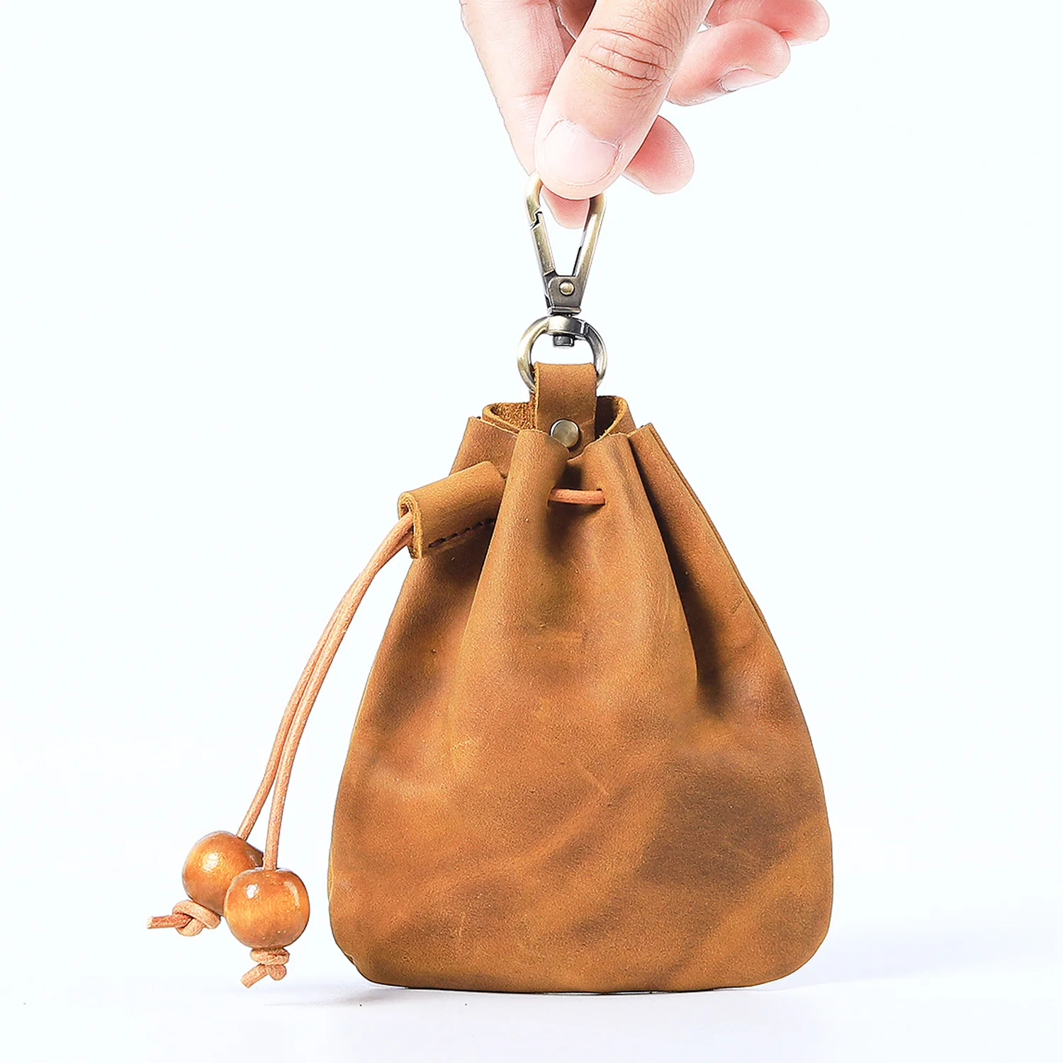 Genuine Leather Unisex Coin Purse Portable Money Pocket With Metal Hook Retro Drawstring Wallet Storage Bag Wholesale