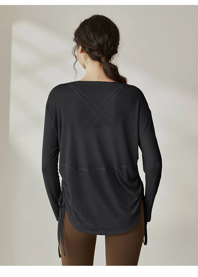 Light Weight Women Long Sleeve Pleated Drawstring Loose Blouse Sports Casual Gym Fitness T-shirts Breathable Comfortable Tops
