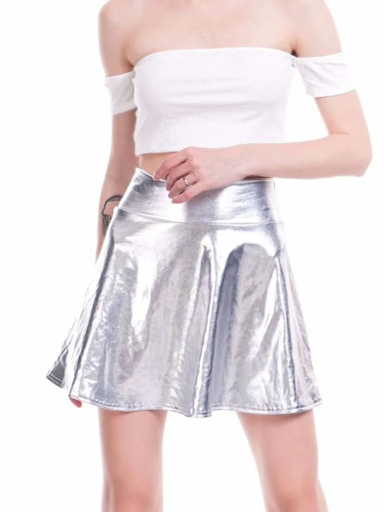 CUHAKCI Summer Pleated Skirts Women Short Sexy Elastic High Waist Solid Casual Green Silver Gold Pink Mini Party Clubwear 4
