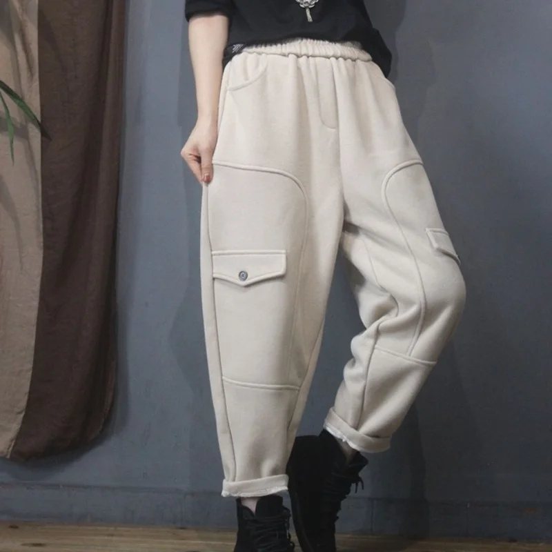 Women's Autumn Winter New High Waist Elastic Sports Pants Commuter Fashion Pocket Button Splicing Fleece Versatile Casual Pants