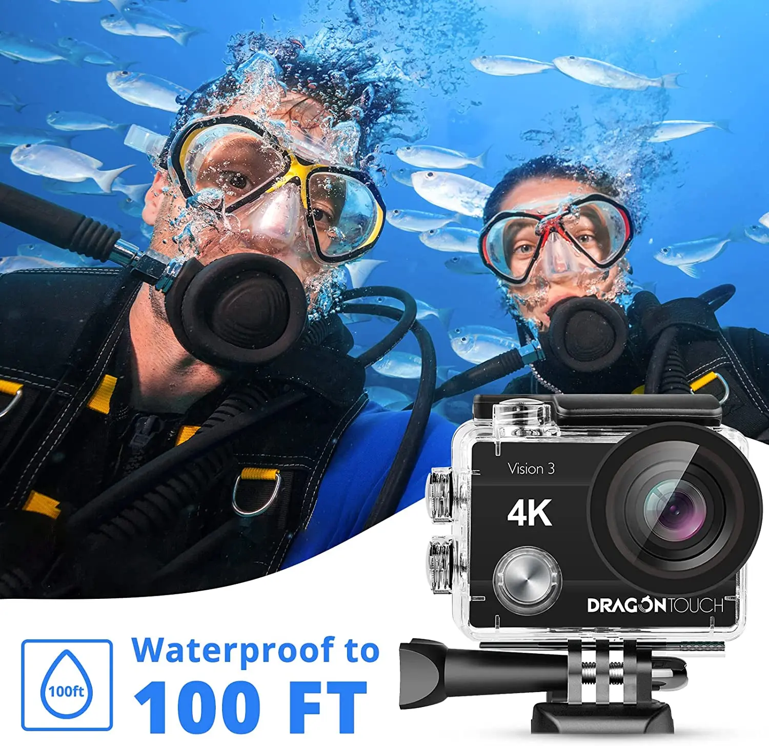 Dragon Touch 4K Action Camera 20MP Vision 3 Ultra HD Underwater 100FT Waterproof Action Camera 4X Zoom Sports Camcorder Camera