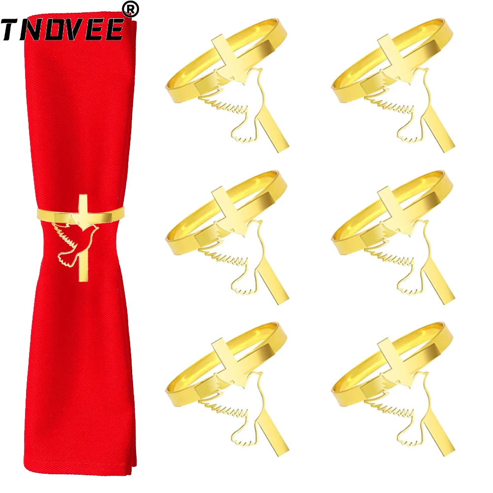 Peace Dove Cross Napkin Rings 6Pcs Metal Napkin Ring Holder Gold Buckles for Religious Gift Supplies Party Table Decor