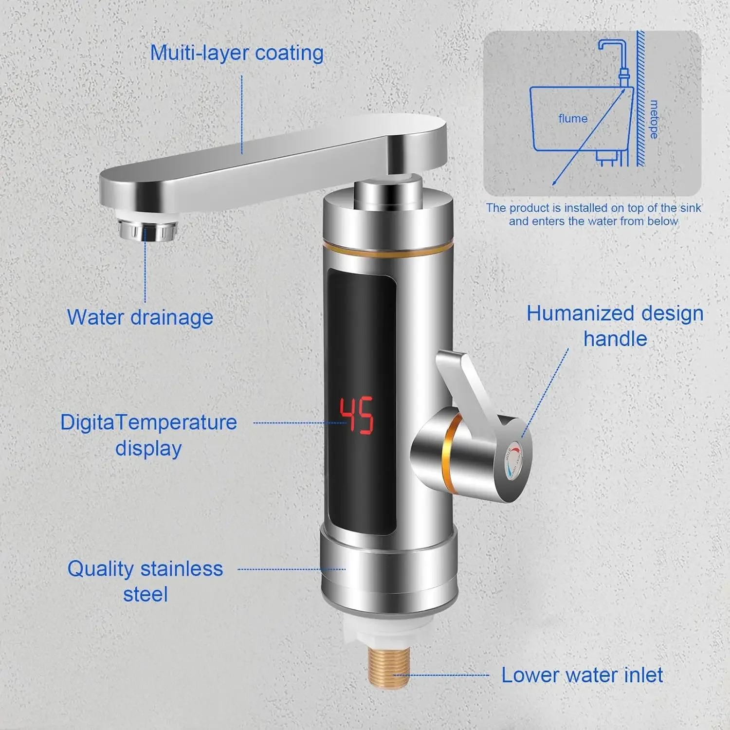 Description Picture 5 of itemElectric Instant Heater Faucet Tankless Hot Water Heater Tap Electric Hot Water Tap LCD Temperature Display 360 Â°