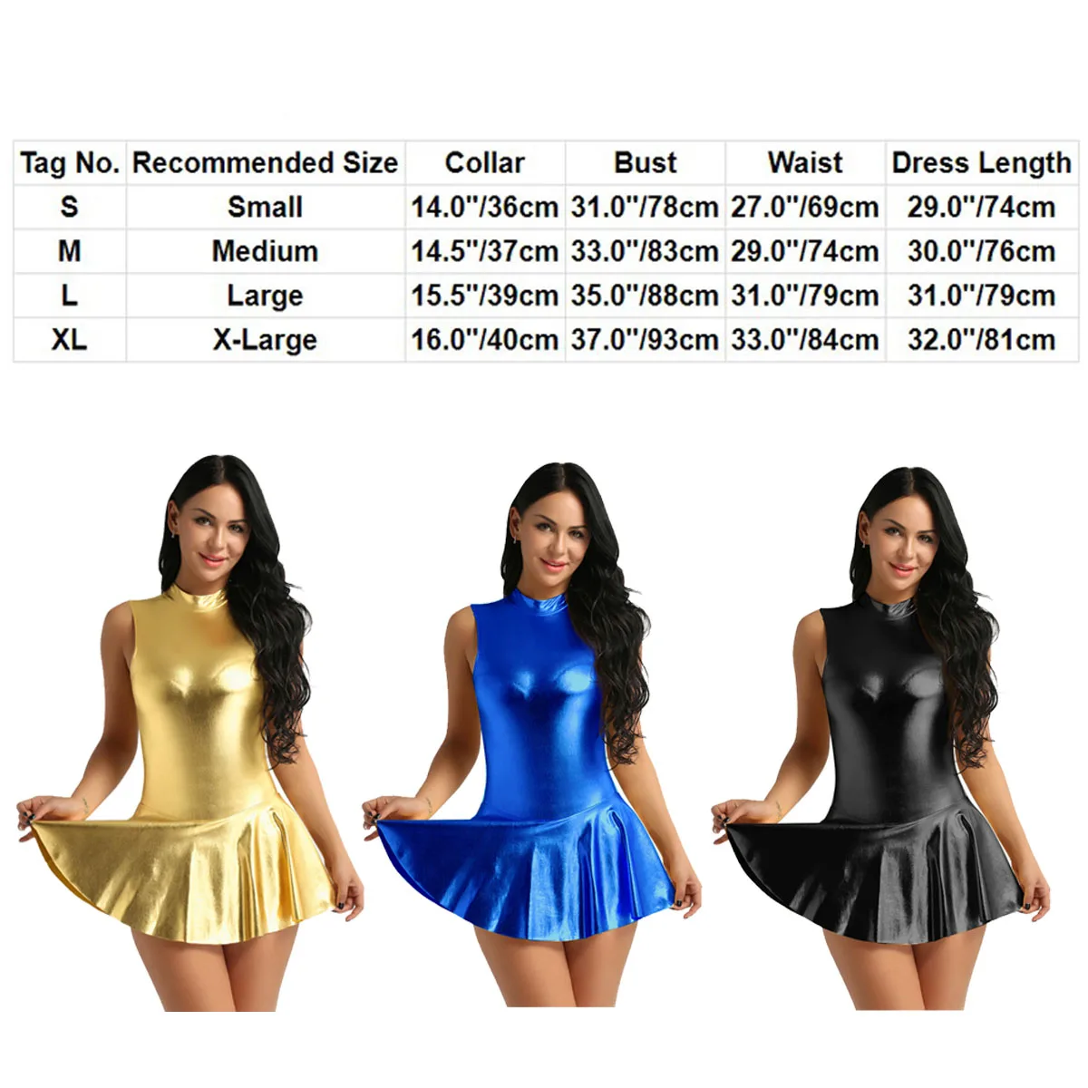 TiaoBug Shiny Metallic High Neck Sleeveless Figure Skating Dress Ballet Gymnastics Leotards for Women Performance Dance Costume