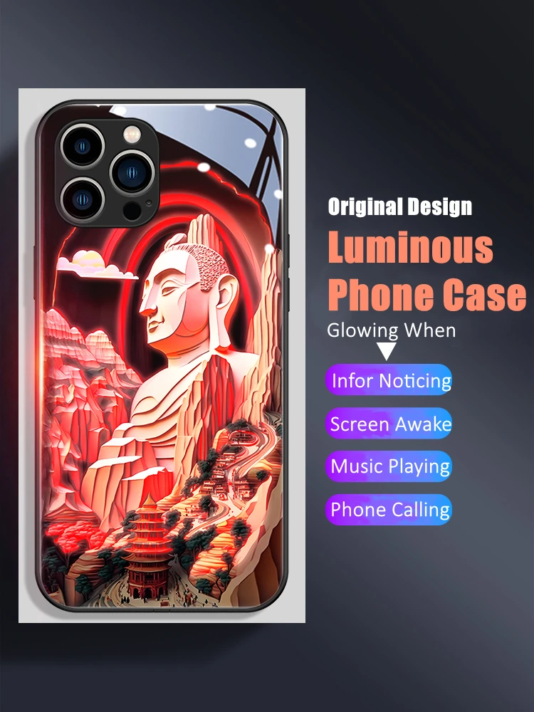 

Original Design LED Light Glowing Luminous Tempered Glass Back Phone Case for iPhone 11 12 13 14 15 X XS Mini Pro Max Plus Cover