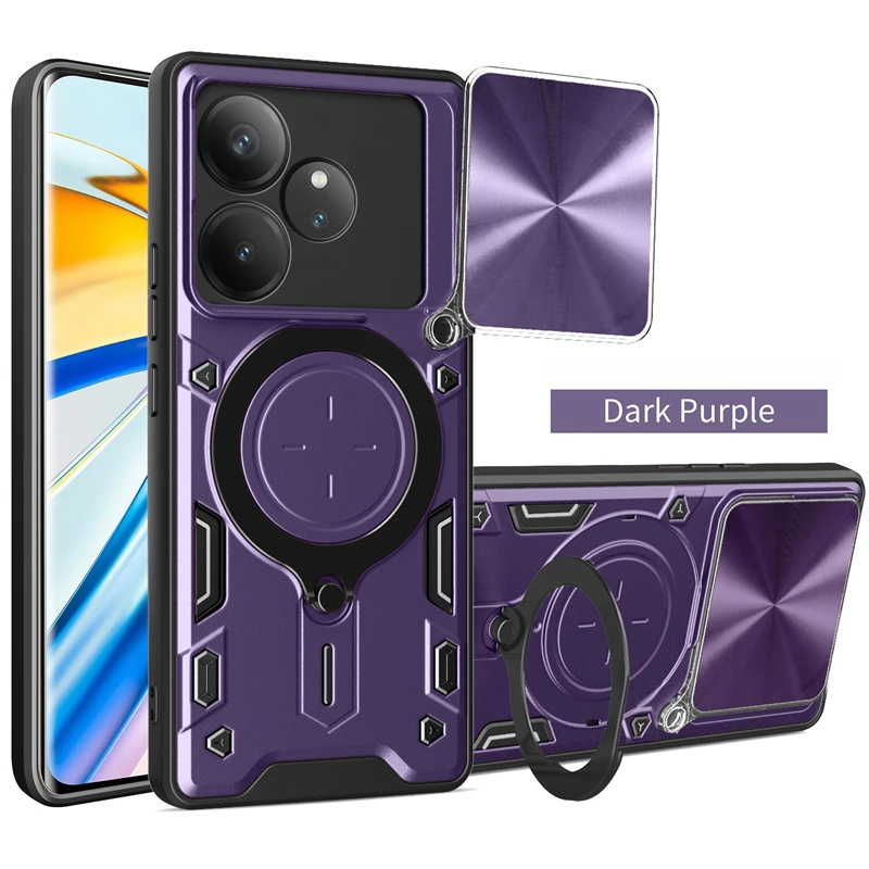 Enhanced Slide Lens Protect Phone Case with Armor Magnetic Holder and Ring Back Cover