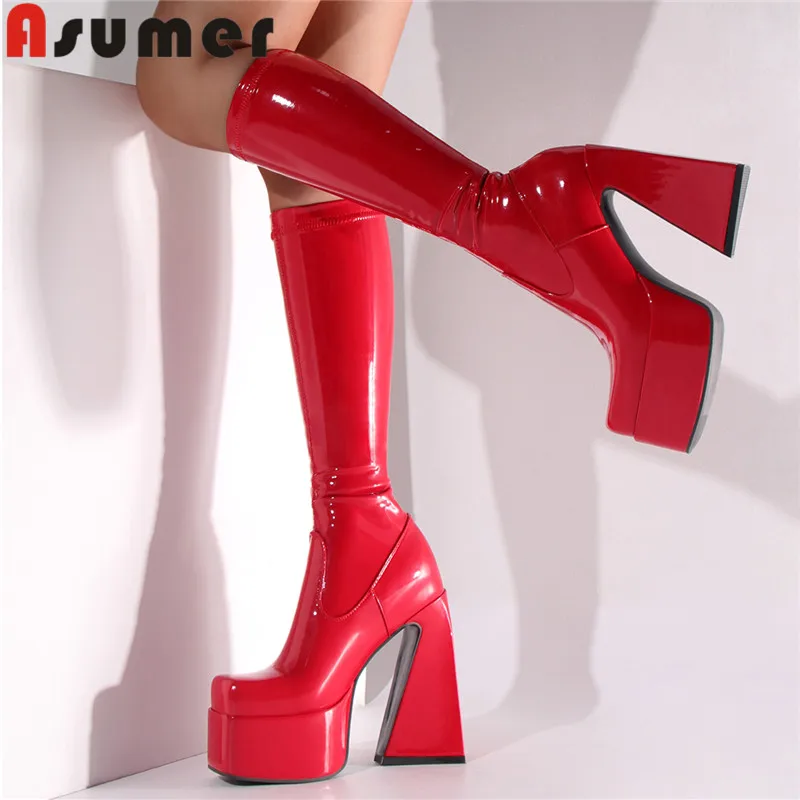 

ASUMER 2023 Size 34-43 New Hot Sale Pu Mid Calf Boots Ladies Autumn Platform Shoes Thick High Heels Women Boots