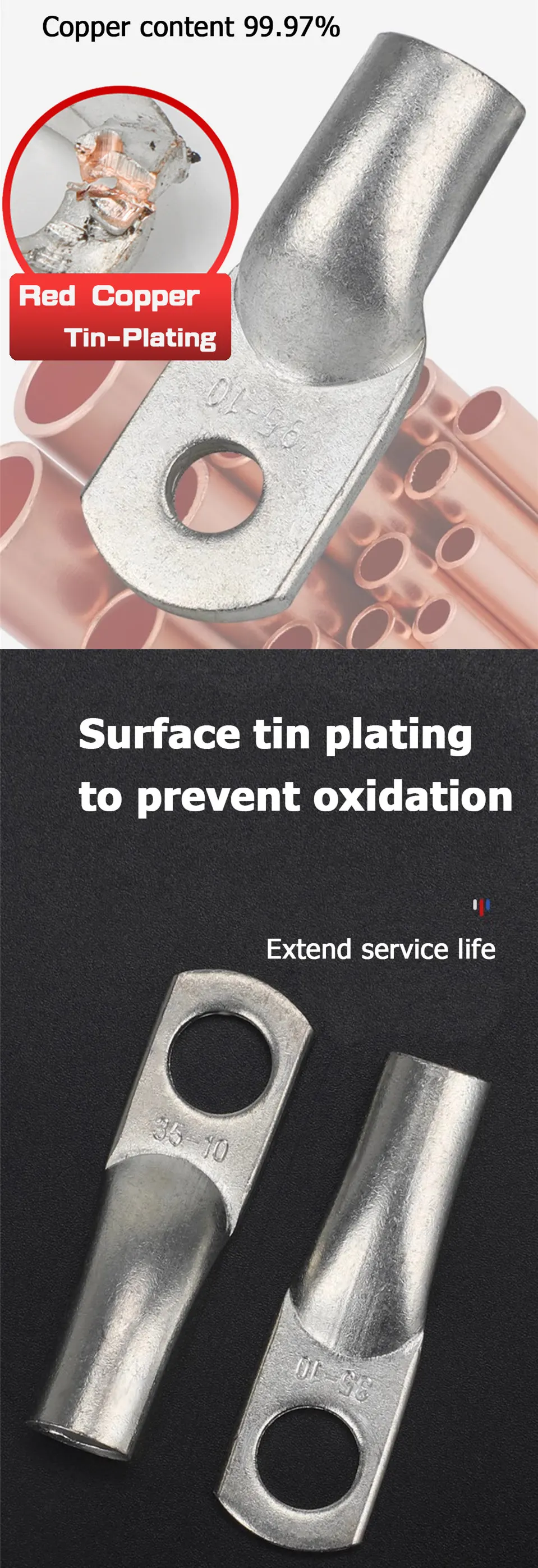 Description Picture 6 of itemJG Copper Terminal Crimp Terminal Ring Lug Tin plated Terminal For Connection Electric cable Power M6 M8 M10 M12 Solid Connector