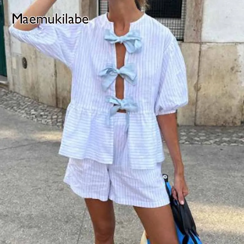 

Комплект Maemukilabe женский из 2 предметов, милая рубашка в полоску с бантом на шнуровке и короткие брюки, пляжный праздничный свободный наряд в стиле ретро, Y2K