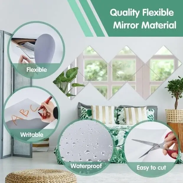 Acrylic Flexible Mirror Sheets Self Adhesive Mirror Tiles Ultra-thin Sheets DIY Tiles Stickers Wall Decor 20X20cm