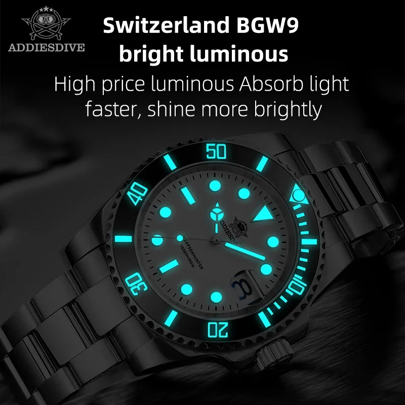 ADDIESDIVE 41mm Man Diver Watch BGW9 Super Luminous 300m Waterproof Calendar Display Reloj Hombre Quartz Watches