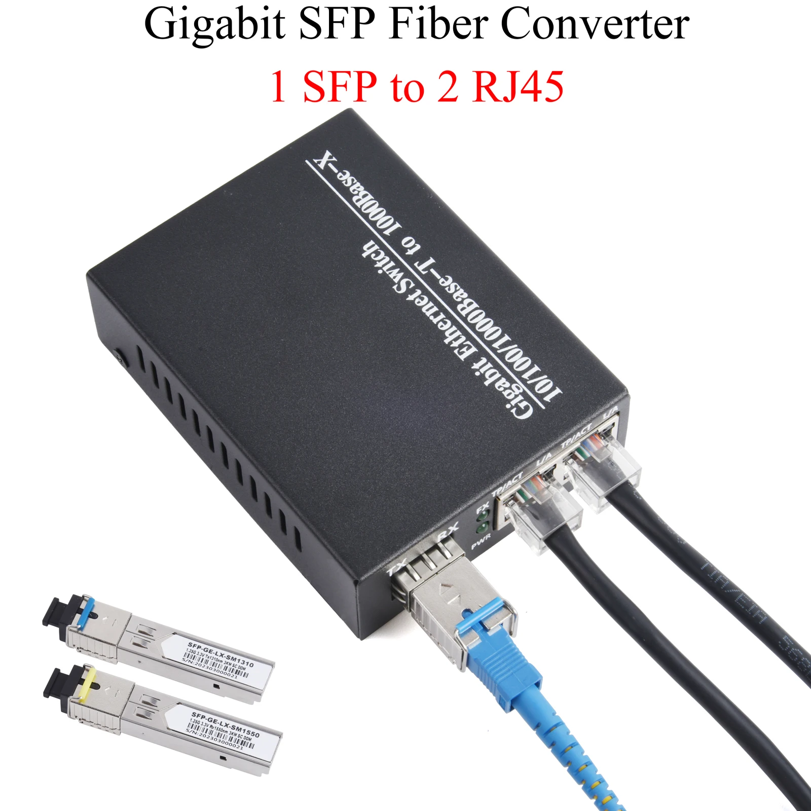 1PCS Gigabit SFP Media Converter 1 SFP to 2 RJ45 Transceiver 10/100/1000M Fiber Optic Switch With 3KM/20KM LC/SC Module