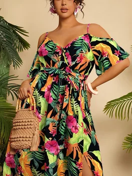 Summer New Elegant Short Sleeve Shoulder Bared Long Dress plus Size Casual Loose Waist Cinched Sexy Split Maxi Dress