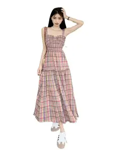 2024 New Summer Bohemian Plaid Dress Bow Artsy Vintage Holiday Fashion Sweet Rainbow Grid Party Vestidos Long Dresses For Womens