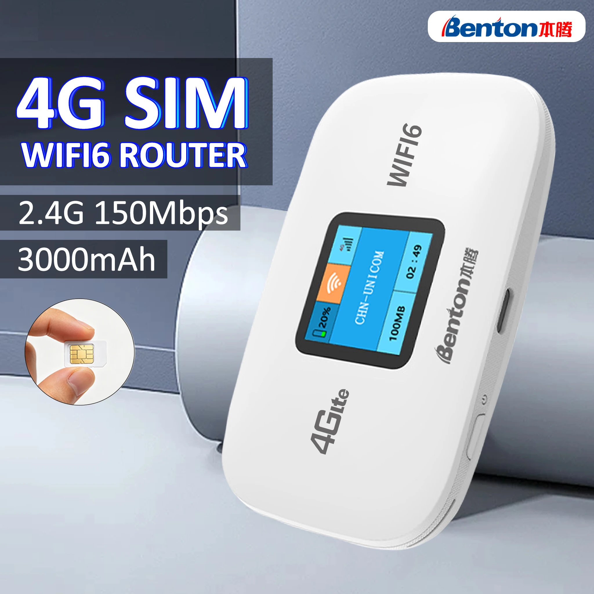 Benton 3000mAh WiFi6 Portable Travel Router Mobile 4G 5G Hotspot 4G Router 4G LTE Router for Outdoor Travel Business RV Car Home