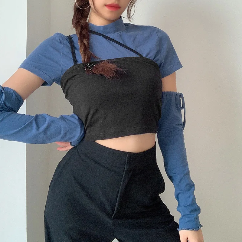 

Women 2021 Fall Fake Two-piece Blue Sexy T-shirt New Solid Short-sleeved Lace-up Long-sleeved T-shirt Female Patchwork Tshirt