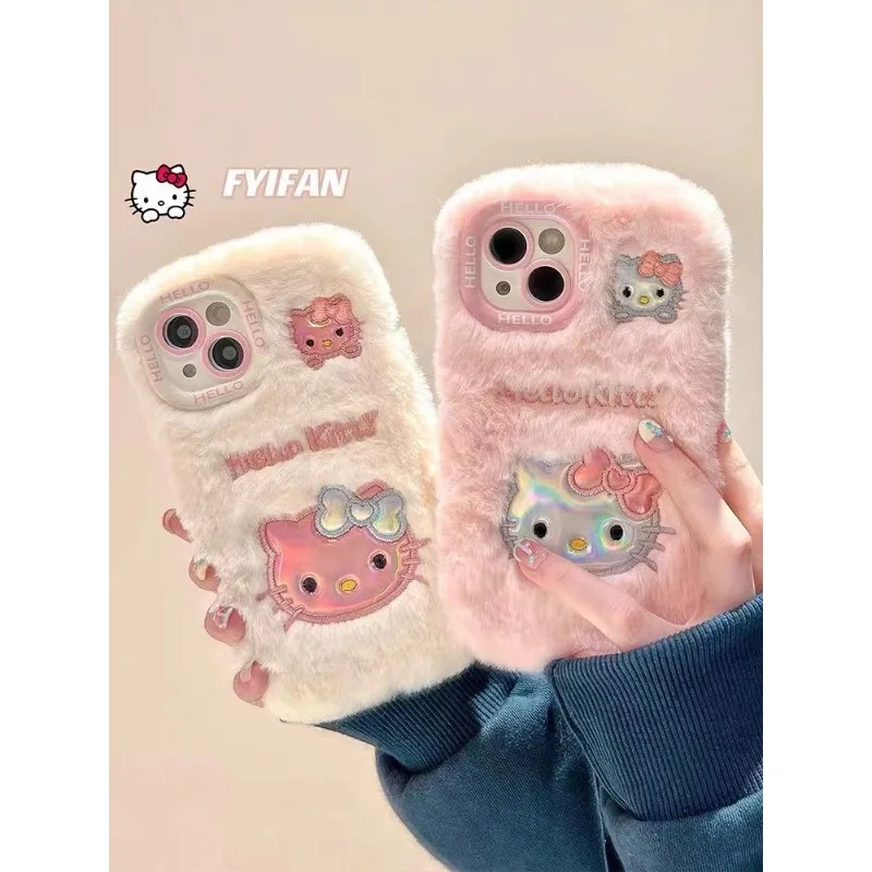

Kawaii Sanrio Anime Hello Kitty Plush Phone Case Cute Cartoon IPhone15 Embroidery Laser Lovely All-inclusiveI Sweet for Girls