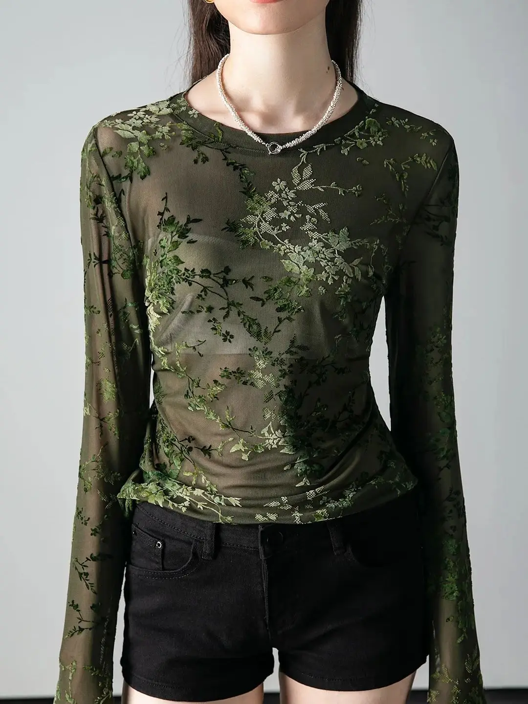 Autumn Round Neck Long Sleeve T-shirt Women's Fashion Slim Fit Fashion Trend See Throught T Shirts Flocking Flowers Tees 1